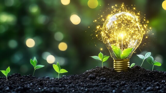 Illuminated Lightbulb with Growing Plants Symbolizing Renewable Energy and Sustainable Growth