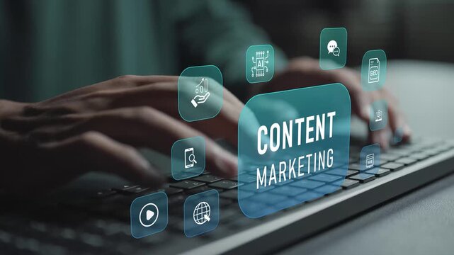 Online content marketing management concept. Person typing keyboard with content distribution and social media icons, digital promotion, audience targeting and marketing strategy.