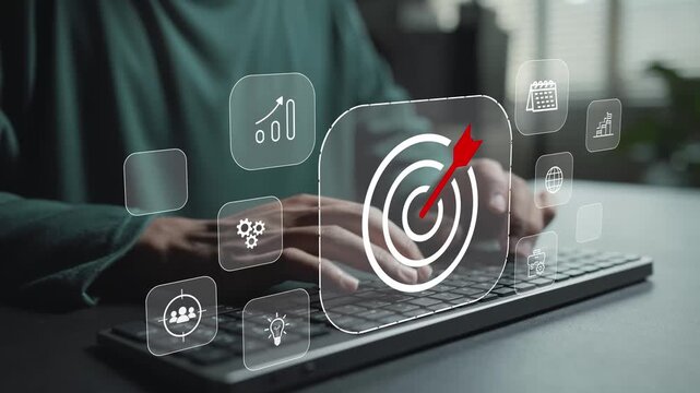 Business strategic planning concept. Person typing keyboard with analytics and target icons, long term planning, decision making and business growth strategy.