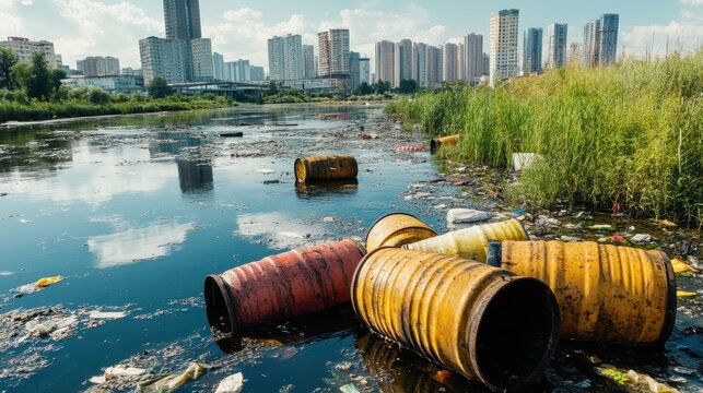 Industrial waste barrels float in a polluted river adjacent to a sprawling city skyline under dim lighting