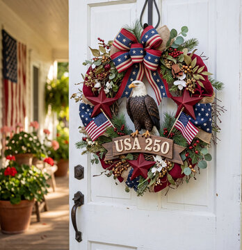 Decorative wreath with eagle and flags displayed on a door for a celebration of USA 250 at a home in the USA