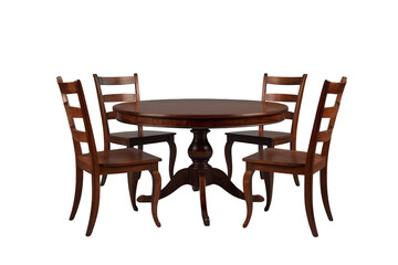 Fototapeta premium Round wooden dining table and four chairs set on transparent background, perfect for kitchen or restaurant interior design
