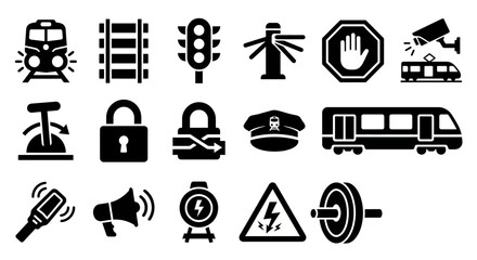 Solid black icons for railway security and train station management. Locomotives, signals, and track monitoring equipment collection. Vector illustration for transport apps, railway history blogs, and © VectorGomes