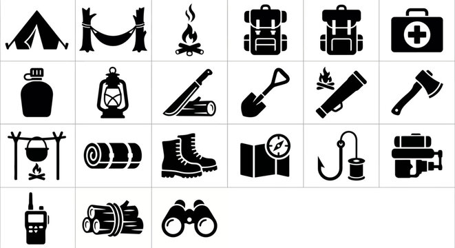 Solid black icons for guerrilla camps and field survival. Tents, hammocks, and tactical gear collection. Vector illustration for survival strategy games, historical resistance blogs, and tactical fiel