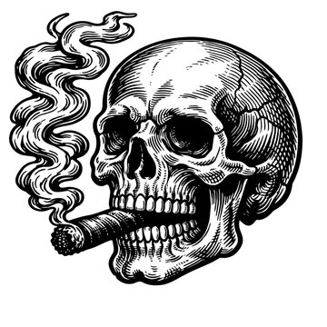 A detailed vintage woodcut engraving of a human skull smoking a lit cigar, exhaling elegant swirling smoke, rendered in classic black and white style, ideal for gothic themes, tattoo art, and edgy mer