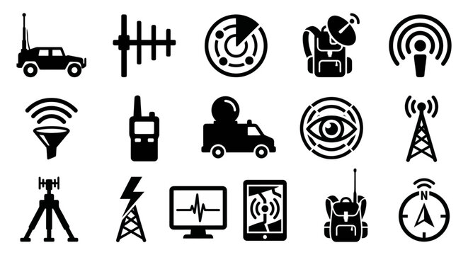Solid black icons for mobile electronic warfare and signal monitoring. Tactical vehicles, directional antennas, and triangulation symbols collection. Vector illustration for military tech apps, spy ga