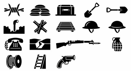 Solid black icons for trench warfare and field fortifications. Barbed wire, sandbags, and bunker equipment collection. Vector illustration for historical strategy games, military defense maps, and tac © VectorGomes