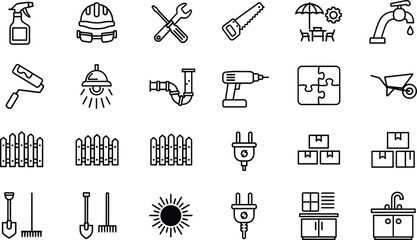 Home improvement line icon set featuring tools for gardening plumbing electricity and construction including saw drill fence shovel and faucet for house maintenance © MOHOSIN