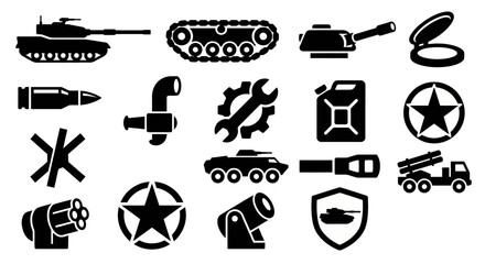 Solid black icons for armored warfare and tank operations. Heavy tanks, treads, and armor-piercing ammunition collection. Vector illustration for tactical games, military hardware blogs, and strategic © VectorGomes