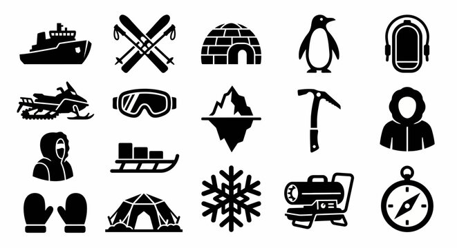 Solid black icons for arctic warfare and polar survival. Icebreakers, snowmobiles, and sub-zero equipment collection. Vector illustration for survival games, polar expedition branding, and tactical co