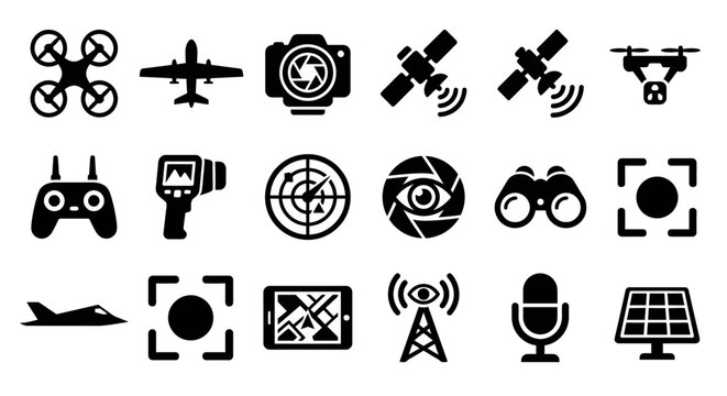 Solid black icons for aerial surveillance and drone reconnaissance. UAVs, spy planes, and camera sensors collection. Vector illustration for surveillance apps, tech blogs, and tactical intelligence br
