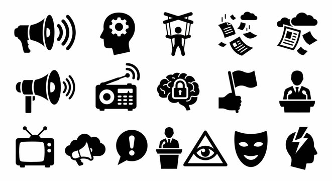 Solid black icons for psychological warfare and propaganda. Megaphones, puppets, and influence symbols collection. Vector illustration for political strategy apps, social influence blogs, and tactical