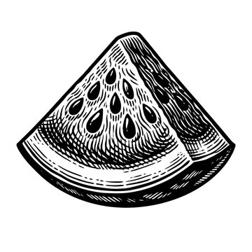 Vintage woodcut watermelon slice with seeds, hand-drawn black and white engraving, summer fruit, healthy food, botanical art, refreshing, natural, organic, retro design, culinary illustration, showcas