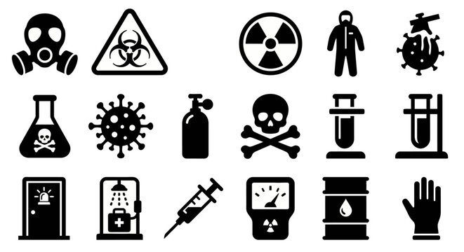 Solid black icons for chemical and biological warfare. Gas masks, biohazard symbols, and protective gear collection. Vector illustration for hazard safety apps, emergency response branding, and tactic