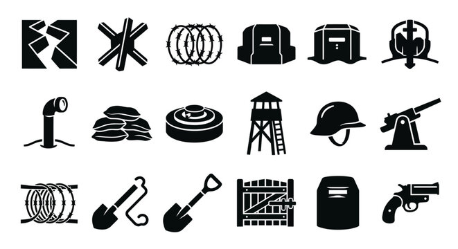 Solid black icons for trench warfare and static defense. Bunkers, anti-tank obstacles, and sandbags collection. Vector illustration for military history, strategy games, and tactical defense branding.