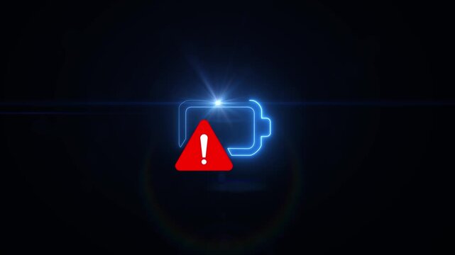 A battery charging error icon made of glowing neon. Motion graphics of low battery symbol concept