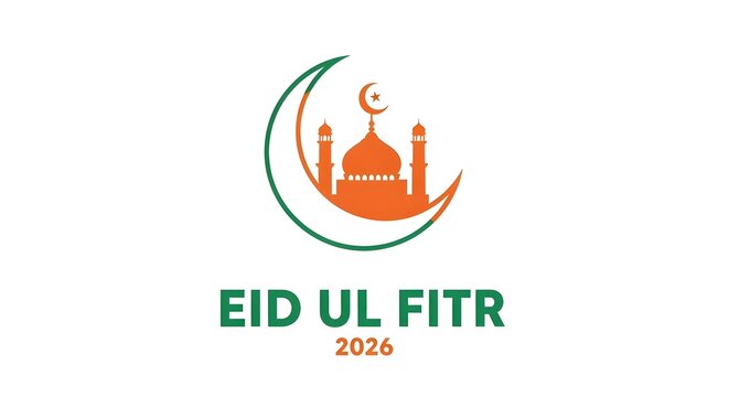 Eid ul fitr 2026 celebration logo with mosque and crescent moon