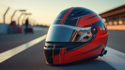 Fototapeta premium Red and black racing helmet with visor reflecting sunset on asphalt track, capturing sharp focus on subject
