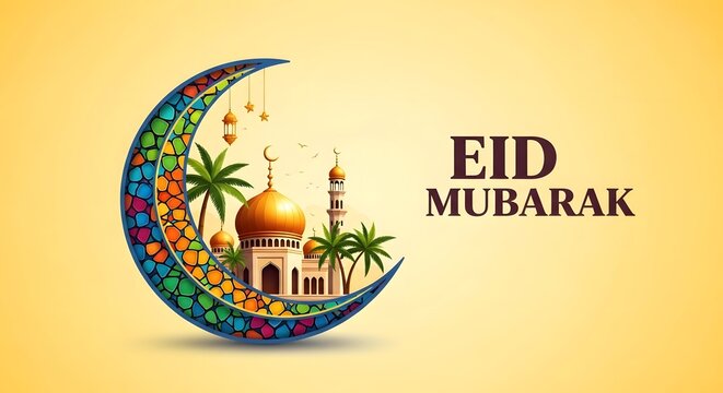 Eid mubarak greeting with mosque and crescent moon