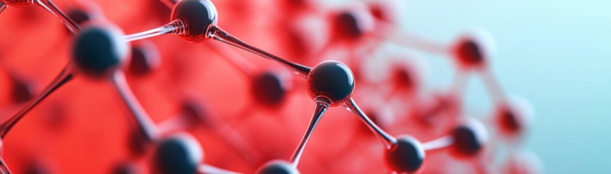 Striking 3D molecular network dark spheres, transparent bonds, sharp detail on a vibrant red-to-blue backdrop. Symbolizes scientific research, data connection, future tech. ,chemistry