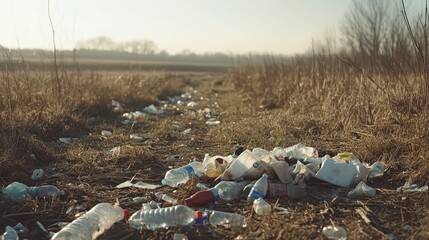 Scattered Plastic Waste and Broken Glass Littering a Sunny Rural Field
