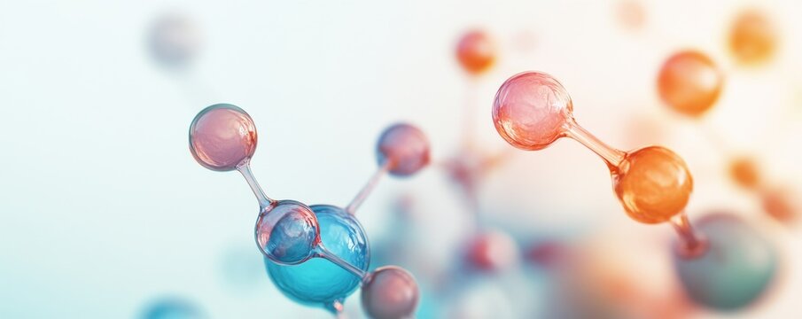 Translucent, glossy 3D molecular structure in a vibrant blue to orange gradient with shallow DOF, representing chemical bonds and scientific innovation. Biotechnology, Research