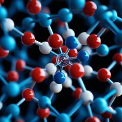 Vibrant 3D Molecular Network Interconnected Red, Blue, White Atoms with a Glowing Central Core, Visualizing Chemical Bonds and Nanotech Concepts., Chemistry, Science