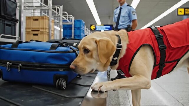 Labrador retriever dog in red harness inspects luggage at airport baggage inspection area with security personnel monitoring the process and various bags visible in the background