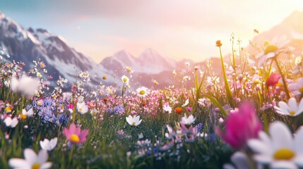 Fototapeta premium Vibrant Spring Wildflower Meadow Blooming Against Majestic Snow-Capped Mountains at Dawn