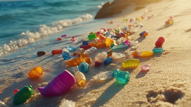 Vibrant Plastic Pollution Washes Ashore on Sandy Beach, Marring Coastal Environment