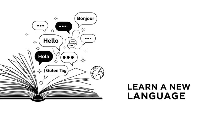 Learn a New Language Concept Illustration with Open Book and Multilingual Speech Bubbles.