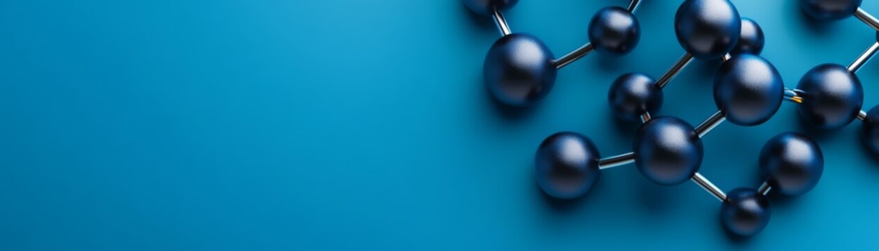 Vibrant blue background with a 3D rendered dark metallic molecular structure, featuring textured ellipsoids and shiny bonds. A science and chemistry concept for tech and innovation.