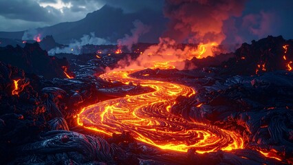 火山から流出する灼熱の溶岩流（マグマ・夜景・背景素材）
Glowing river of molten lava flowing through a dark volcanic landscape.