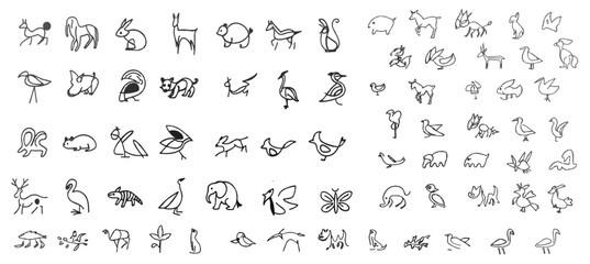 Fototapeta premium Pictures drawn with one line: people, animals, plants, figures, etc.