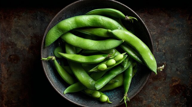 Green broad beans in their pods sit in a bowl on a dark, old-fashioned surface, a picture of healthy eating.
