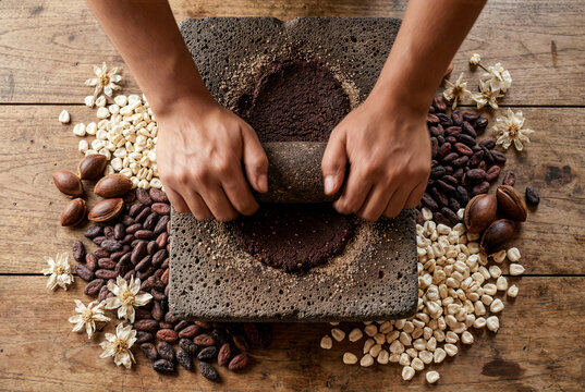 Close-up of hands using a traditional volcanic stone metate to grind fermented cacao, maize, and mamey pits for Tejate, the ancient "drink of the gods" in Oaxaca, Mexico.