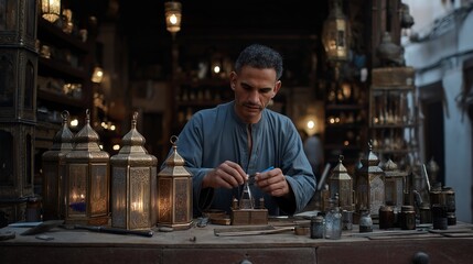 Fototapeta premium Ramadan lantern workshop shows craftsman assembling traditional fanoos from colored glass and metal, workbench covered with tools and partially completed pieces, skill passed through generations