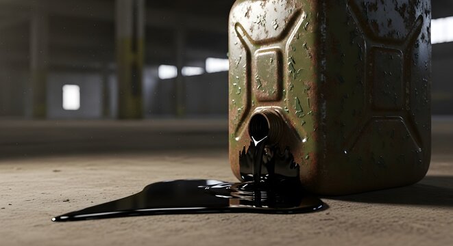 Black oil leaking from old rusted metal jerry can onto concrete floor in abandoned dark industrial warehouse