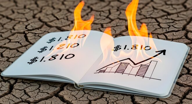 Rising arrow graph and dollar signs burning in fire on parched desert ground symbolizing extreme hyperinflation
