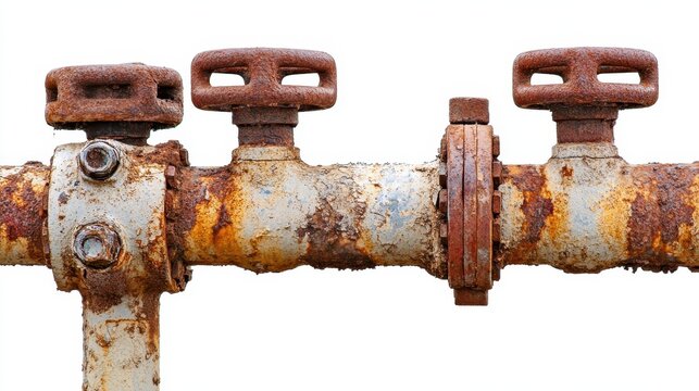 Close-up of rusted industrial pipe valves showing wear and corrosion on a plain background