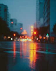Quiet city street at dusk with soft traffic light reflections on wet pavement, blurred buildings and lights creating a serene urban atmosphere