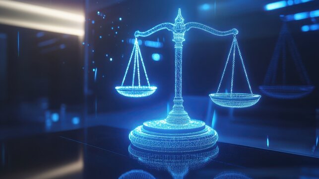 Digital Scales of Justice representing legal balance and fairness in modern law and consumer protection concepts with glowing blue light