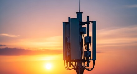 Obraz premium 5G Cell Tower Antennas at Sunset for Telecommunication & Network