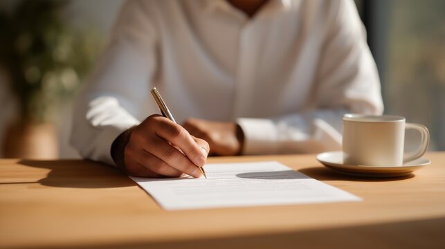 Solo entrepreneur's hands signing LLC formation documents at kitchen table scattered with business registration papers, coffee mug rings on contracts, harsh afternoon sunlight creating shadows,