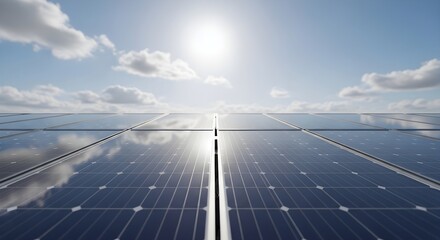 Solar Panel Array Reflecting Sky And Clouds on a Bright Sunny Day Environment