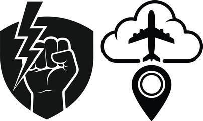 Shield with clenched fist and lightning bolt, airplane flying over clouds with location pin vector illustration