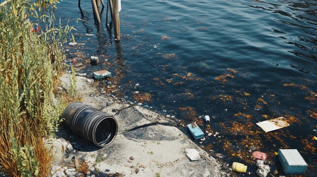 Oily water pollution with trash collecting in a coastal harbor, highlighting environmental degradation and marine debris.