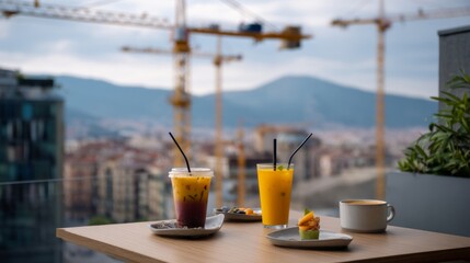Fototapeta premium Refreshing Outdoor Snack Scene with Drinks on a Calm Overcast Day