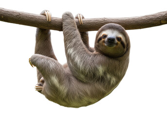 Fototapeta premium Sloth hanging on tree branch on transparent background