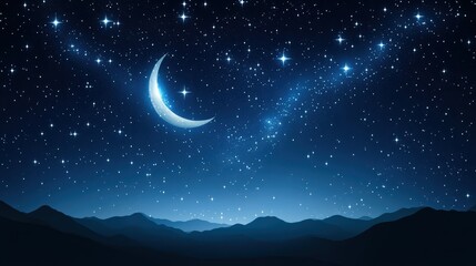 Obraz premium Majestic crescent moon and sparkling starry night sky above dark silhouetted mountains